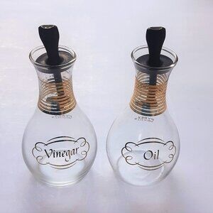 VTG Pyrex Oil & Vinegar Glass Cruets with Tops Gold Bands Original Stoppers